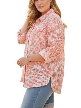 Draper’s & Damon’s 2X Semi Sheer Button Up Blouse Roll Tab Sleeves Floral